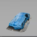 Car Covered With Blue Tarp Placed On Gray Platform Against Dark Background 3d model