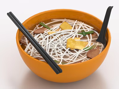 Noodle Soup in Orange Bowl with Meat Slices Green Scallions Yellow Toppings and Black Utensils 3d model