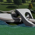 Modern Waterfront Landscape With Curved Architectural Structure Green Lawn And Pedestrian Path For Recreational Activities