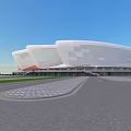Modern Stadium With White Roof Green Football Field And Surrounding Grass Areas