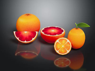 Fresh Blood Oranges Whole And Sliced With Kumquat On Black Reflective Surface 3d model