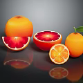 Fresh Blood Oranges Whole And Sliced With Kumquat On Black Reflective Surface