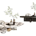 Modern Marble Coffee Table Design With Green Plants And Decorative Items 3d model