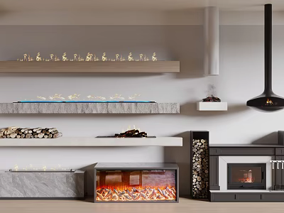 Modern Fireplace Interior Design With Layered Shelves Wood Stack And Glowing Features 3d model