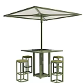Sturdy Outdoor Table with Square Top and Canopy Umbrella and Four Stools 3d model
