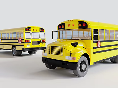 Two Yellow School Buses With Black Stripes Headlights And Windows 3d model