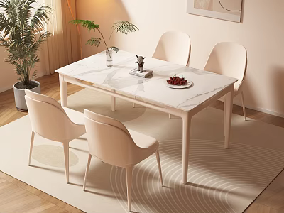 Modern White Dining Table Set with Four Chairs Vase and Fruit Plate Decor 3d model