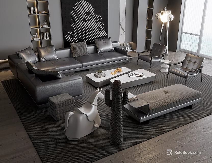 Elegant Modern Sofa And Coffee Table Set With Grey Cushions Floor Lamp And Accent Chairs 3d model 