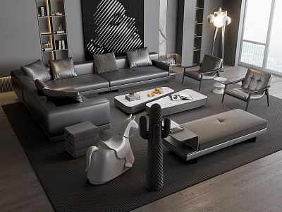 Elegant Modern Sofa And Coffee Table Set With Grey Cushions Floor Lamp And Accent Chairs 3d model