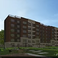 Multi Story Residential Building Featuring Red Brick Exterior Light Stone Accents And Green Garden Courtyard