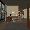 Cozy Study Room With Leather Chair Wooden Bookshelf Table Lamp Green Plant And Decorative Painting