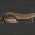 Boat Shaped Architectural Structure With Curved Woven Roof Supporting Wheels And Small Ladder