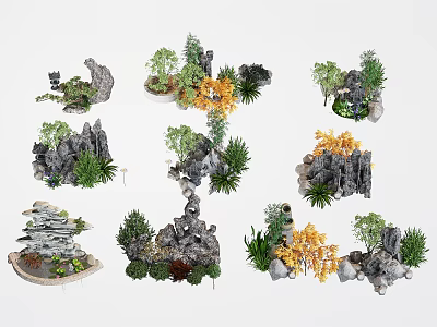 Miniature Garden Landscapes With Stone Rockeries Various Plants And Colored Leaves 3d model