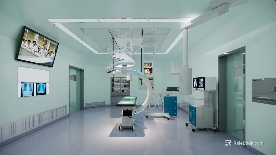 Modern Operating Room Interior With Surgical Lights Monitors And Equipment 3d model 