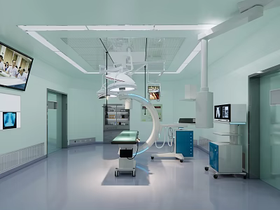 Modern Operating Room Interior With Surgical Lights Monitors And Equipment 3d model