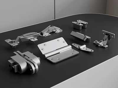 Assorted Metal Hardware Components Including Hinges Brackets And Connectors On Black Table 3d model