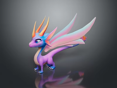 Cute Fantasy Dragon Game and Movie Character With Purple Body Blue Head and Pink Wings 3d model