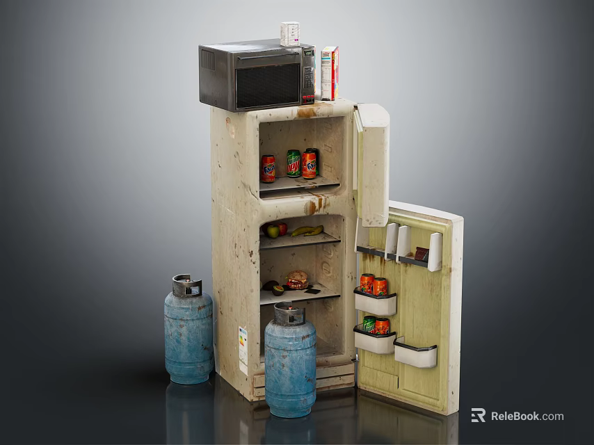 Vintage Refrigerator Freezer with Open Storage for Drinks and Food Items 3d model 