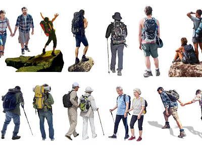 Group of People Enjoying Hiking Outdoors With Backpacks And Trekking Poles 3d model