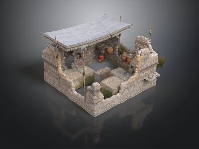 Traditional Stone Courtyard Structure With Roof Stone Walls Clay Pots And Plants 3d model