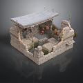 Traditional Stone Courtyard Structure With Roof Stone Walls Clay Pots And Plants
