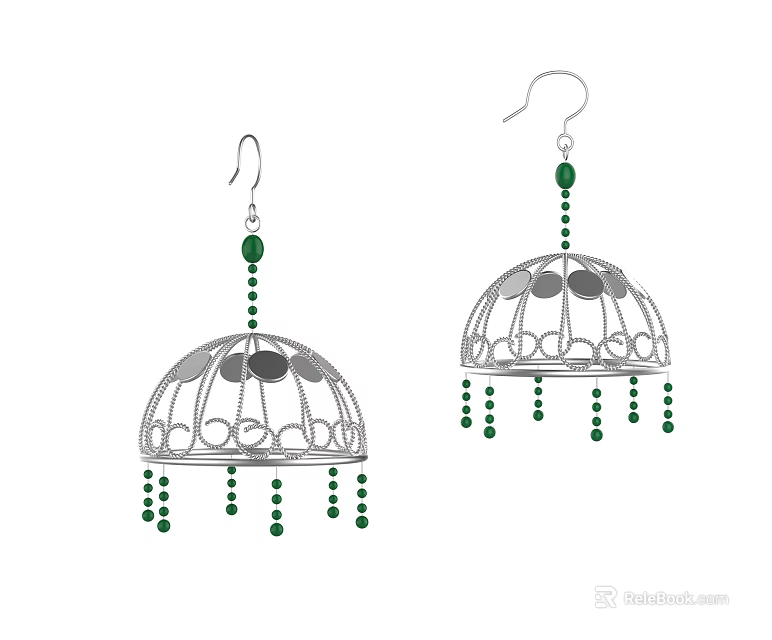 Elegant Silver Umbrella Shaped Earrings With Green Beads And Dangling Details 3d model 
