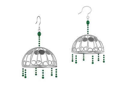 Elegant Silver Umbrella Shaped Earrings With Green Beads And Dangling Details 3d model