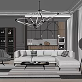Modern Living Room Interior With Sofa Armchair Geometric Chandelier Round Mirror And Striped Rug