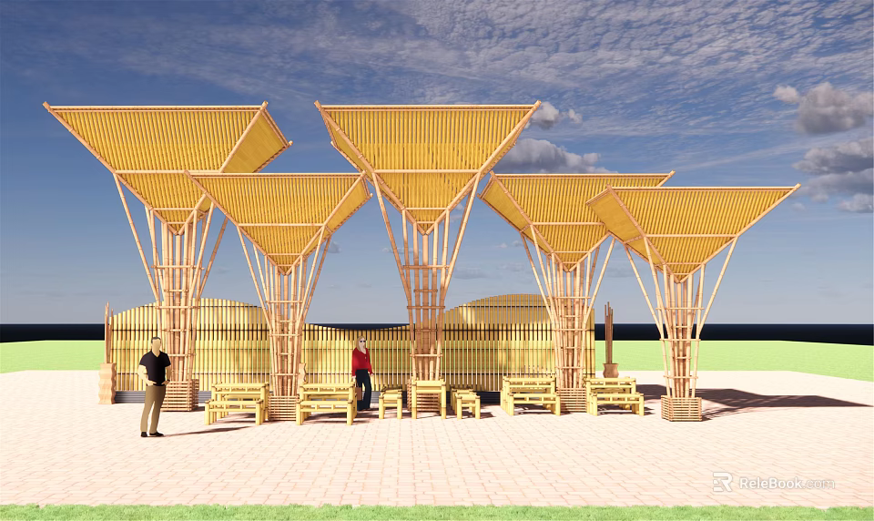 Multiple Yellow Wooden Pergola Structures With Triangular Canopies And Outdoor Seating 3d model