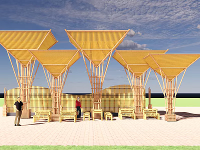 Multiple Yellow Wooden Pergola Structures With Triangular Canopies And Outdoor Seating 3d model