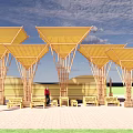 Multiple Yellow Wooden Pergola Structures With Triangular Canopies And Outdoor Seating 3d model