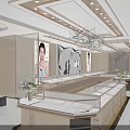 Modern Luxury Jewelry Store Interior With Glass Display Cases Chandelier And Decorative Flowers