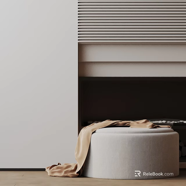 Elegant Modern Beige Fabric Round Side Table With Soft Blanket In Living Room 3d model 