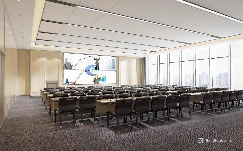 Modern Conference Room With Rows Of Chairs Large Screen And Floor To Ceiling Windows 3d model 