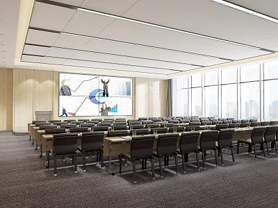 Modern Conference Room With Rows Of Chairs Large Screen And Floor To Ceiling Windows 3d model