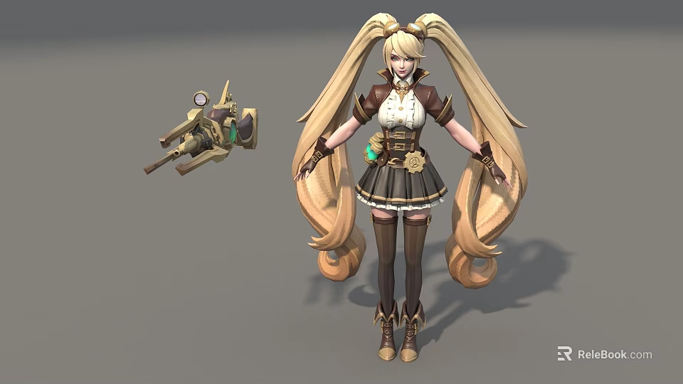 Game Movie Character With Blonde Twin Ponytails Brown White Outfit Short Skirt Mechanical Weapon Accessory 3d model 