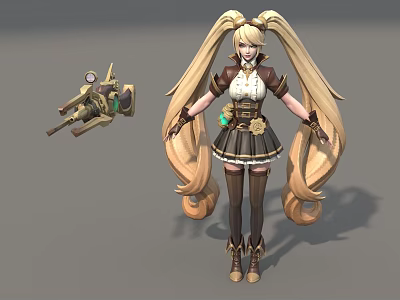 Game Movie Character With Blonde Twin Ponytails Brown White Outfit Short Skirt Mechanical Weapon Accessory 3d model