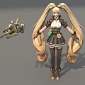 Game Movie Character With Blonde Twin Ponytails Brown White Outfit Short Skirt Mechanical Weapon Accessory