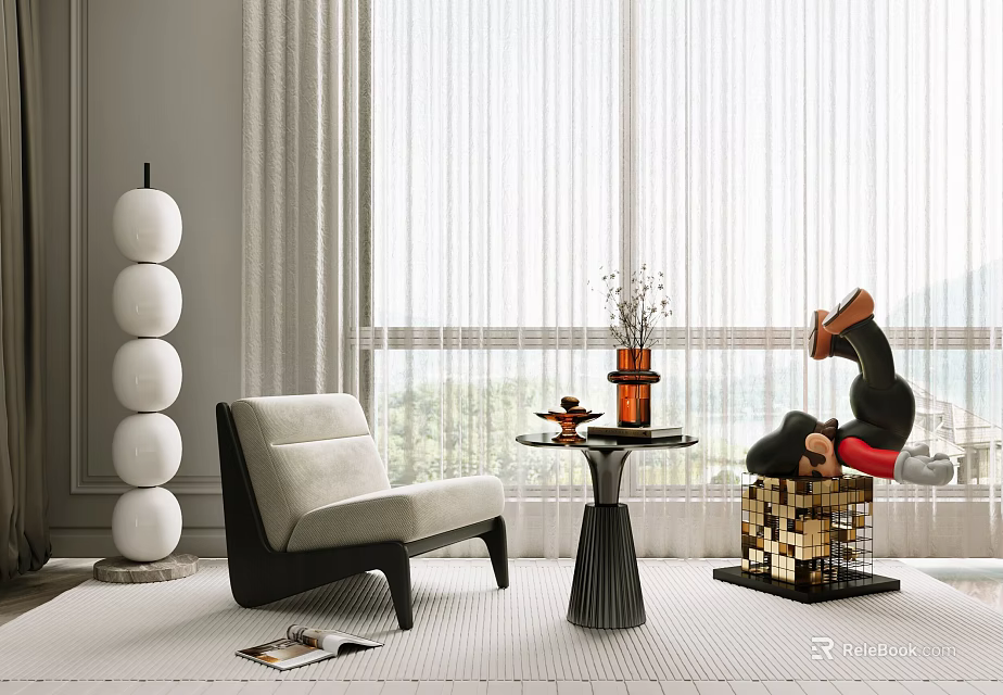 Elegant Modern Interior Single Sofa With Side Table Vase Floor Lamp And Window Curtains 3d model