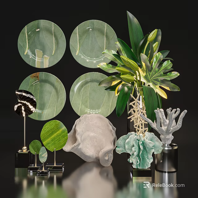 Modern Decorative Ornament Set With Green Glass Plates Fresh Green Leaves Shell And Coral Ornaments 3d model 
