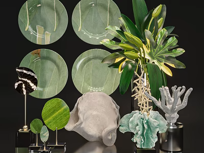 Modern Decorative Ornament Set With Green Glass Plates Fresh Green Leaves Shell And Coral Ornaments 3d model