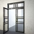 Black Metal Frame Double Doors With Clear Glass Panels Against White Brick Wall