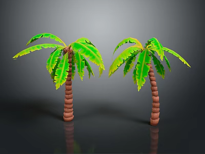 Two Palm Trees with Lush Green Leaves and Brown Trunks on Gray Background with Reflections 3d model