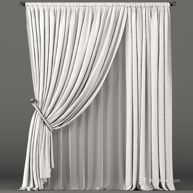 White Vertical Striped Curtains with Tieback and Sheer Lining for Window Decoration 3d model 