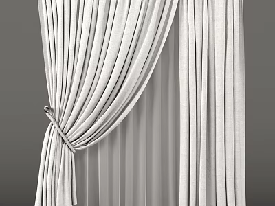 White Vertical Striped Curtains with Tieback and Sheer Lining for Window Decoration 3d model