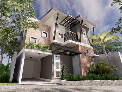 Modern Detached Villa Exterior With Two Story Brick Walls Balcony And Lush Greenery 3d model