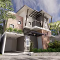 Modern Detached Villa Exterior With Two Story Brick Walls Balcony And Lush Greenery