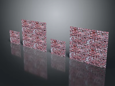 Multiple Red Brick Walls in Different Sizes Displayed on Black Background with Reflections 3d model