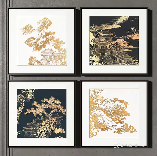 Gold Patterned Decorative Paintings With Pavilions Pine Trees And Black White Frames 3d model