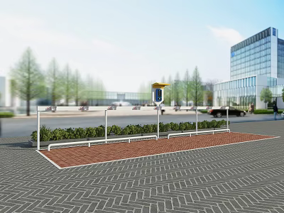 Outdoor Public Space With Brick Pavement Railing Plants And Signpost Near Building Trees 3d model